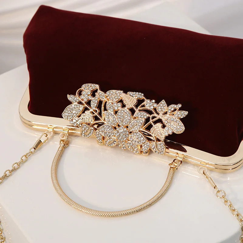 Retro Wine Red Velvet Handbag Womens Velvet Evening Bag Retro Style Bridal Wedding Party Clutch Womens Diamond Wallet XA829H 241031