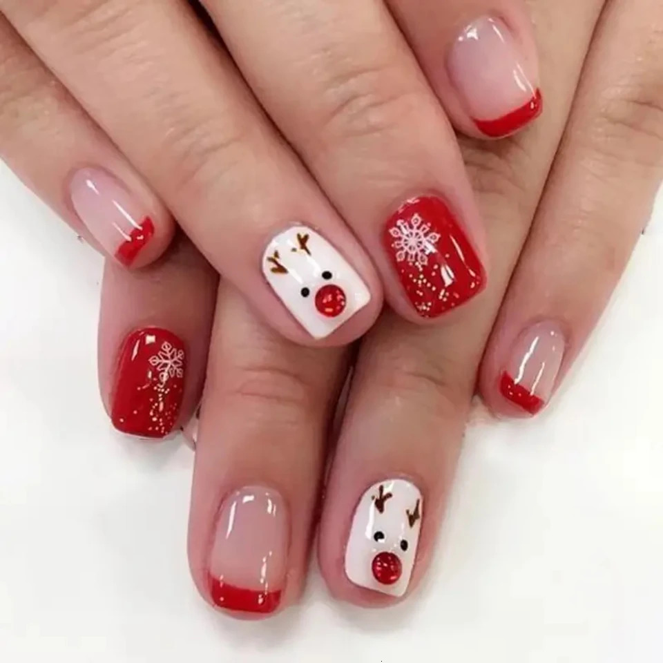 Christmas gel nail set with 24 cute snow deer false nails 241031