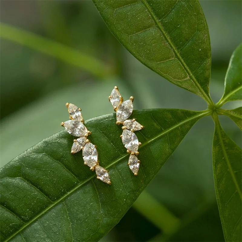 Huitan Simple Stylish Leaf Stud Earrings with Crystal Cubic Zirconia Exquisite Women Ear Piercing Accessories Versatile Jewelry