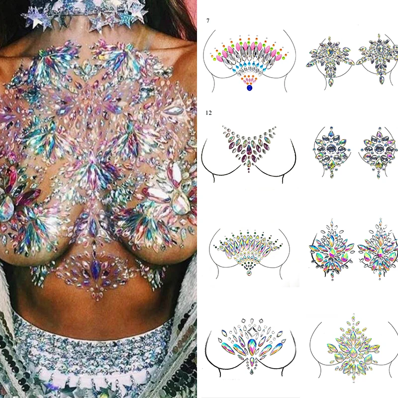 Women 3D Body Rhinestones Chest Acrylic Diamond Makeup Tattoo Sticker Face Jewels Self Adhesive Music Festival Decor DIY Beauty