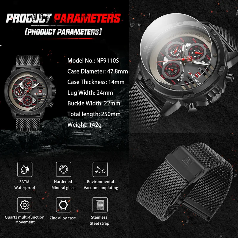 NAVIFORCE Sport Military Watches Mens Waterproof Steel Strap Mens Wrist Watch Casual Luminous Male Clock Relogios Masculino