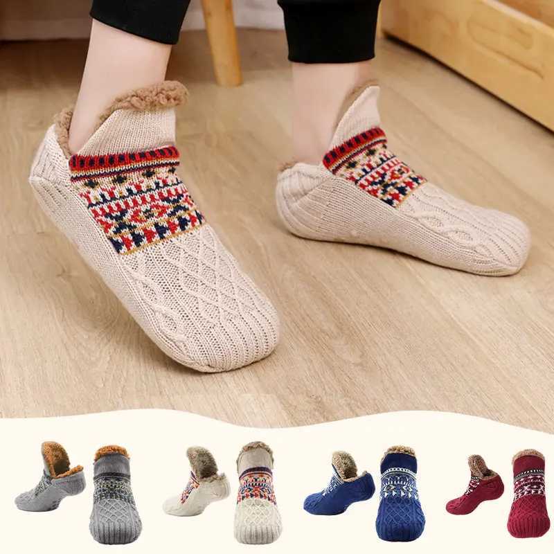 Winter Indoor Slippers Mens Floor Home Bedroom Sleeping Non-slip Knitted Adult Plus Fleece Warm Carpet LX241102