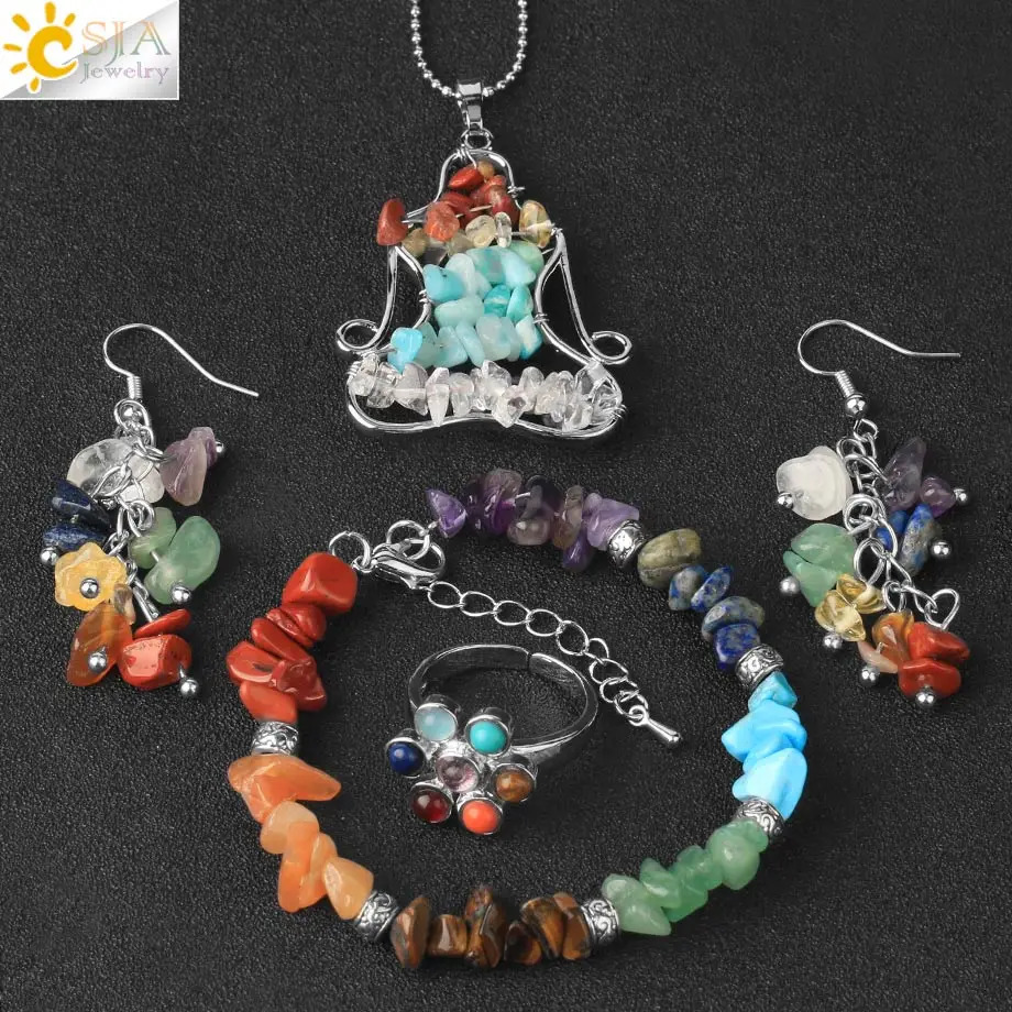CSJA Natural Stone Jewelry Set suitable for women 7 chakras chip beads healing bracelet ring necklace earrings spiritual jewelry G693 241031