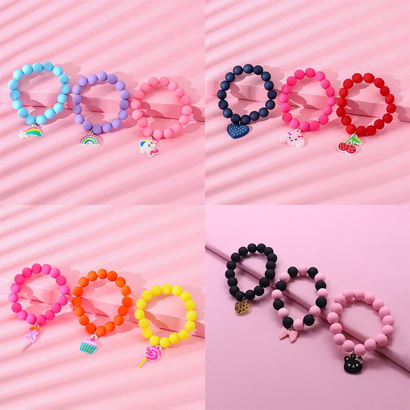 3Pcs/set Cute Kawaii Unicorn Rainbow Charm Stretch Candy Color Beads Bracelet For Teens Girls Bracelets Jewelry Gifts