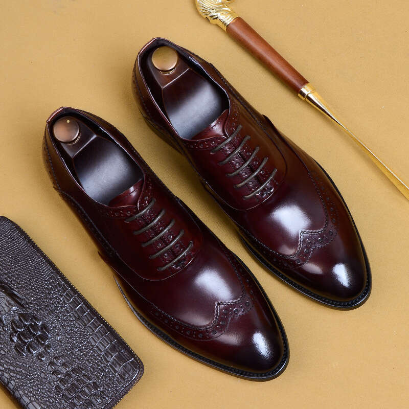 Formal Leather Shoes, Genuine Leather, British Carved Block, Men's Toe Layer, Cowhide, Business Dress, Pointed Oxford Shoes