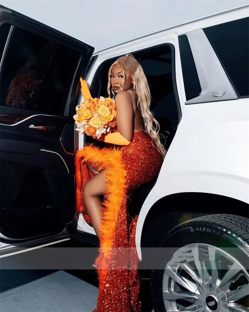 Orange Sequins Diamonds Prom Dress 2024 Glitter Crystal Beads Sexy Front Split Backless Feathers Birthday Party Gowns