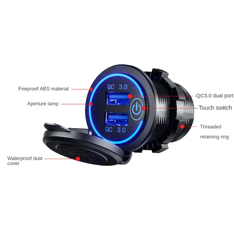 12V/24V Dual QC3.0 Car Charger Socket Power Outlet Adapter USB Fast Charger Waterproof for Boat RV Marine Motocycle SUV RV