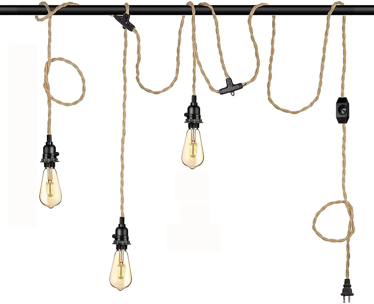 6.8M 3 Heads Vintage Style Hemp Rope Pendant Light Cord Kits US EU Plug Switch E26 E27 Lamp Holder for Simple Hanging Lamp Decor