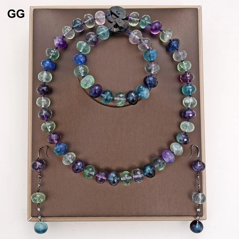 GG Natural Green Purple Facial Rondelle Fluorite Gemstone Necklace Bracelet Earring Set 241031