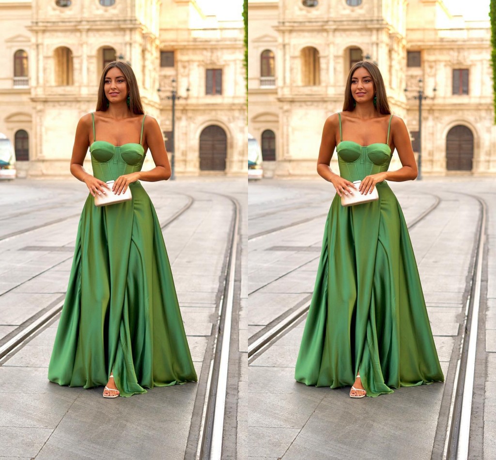 Green Plus Elegant Size A E Evening Dresses For Women Spaghetti Straps Satin Pleats Pageant Brithday Prom Special Ocn Dress Party Gowns Formal Wear Ve
