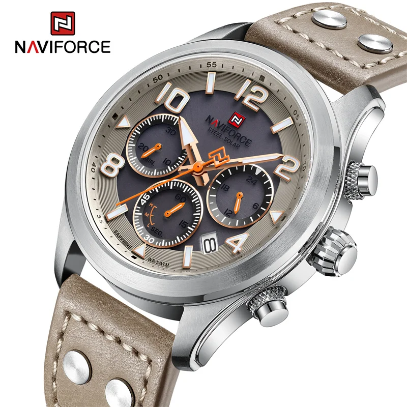 NAVIFORCE Brand Casual Sport Men's Quartz Watches Eco-Drive Movement Genuine Leather Strap Waterproof Luminous Wristwatches 2023