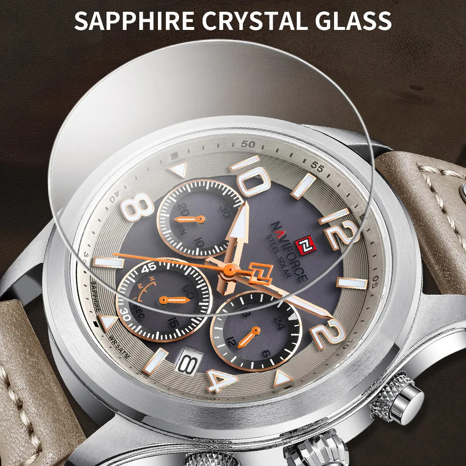 NAVIFORCE Brand Casual Sport Men's Quartz Watches Eco-Drive Movement Genuine Leather Strap Waterproof Luminous Wristwatches 2023