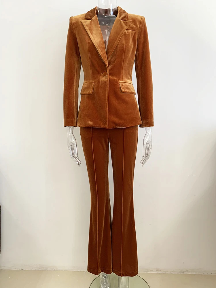 HIGH STREET est F/W Set Womens Single Button Velvet Jacket Flash Pants Set 2-piece 241031