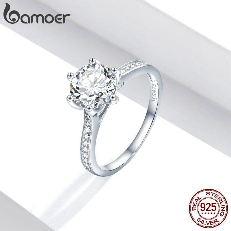 BAMOER 3CT 925 Sterling Silver Engagement Ring Round Cut Cubic Zirconia Love Forever Band for Women Wedding SCR342