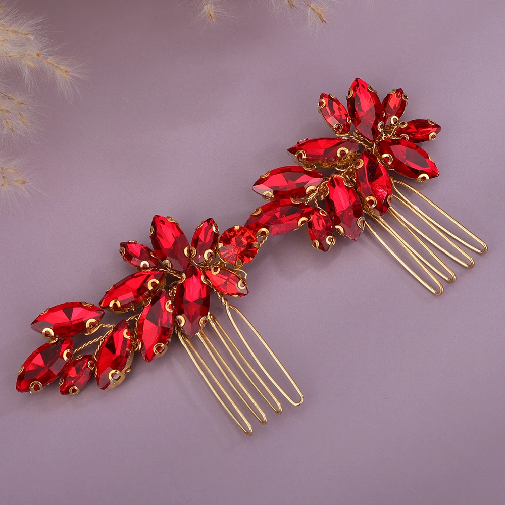 Red Rhinestone Bridal Hair Comb Party Handmade Black Wedding Head Jewelry Accessories Blue Silver Headpiece for Women and Girls