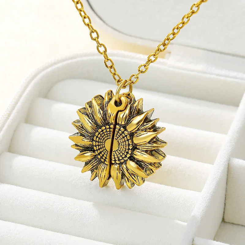 New European and American Sunflower Necklace Opening Alloy Pendant Engraving YOUARE MY SUNSHINE