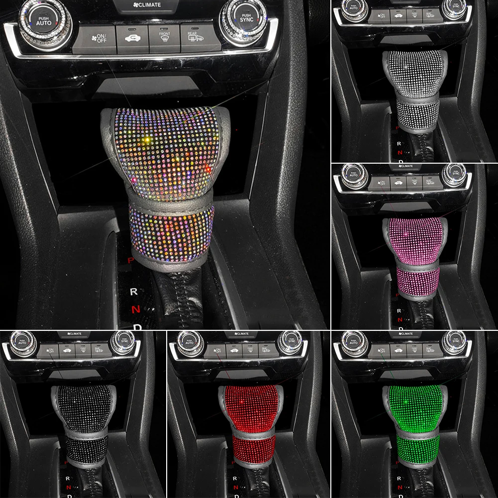 Bling Leather Auto Gear Shift Knob Cover Universal Crystal Rhinestones Car Accessories for Women