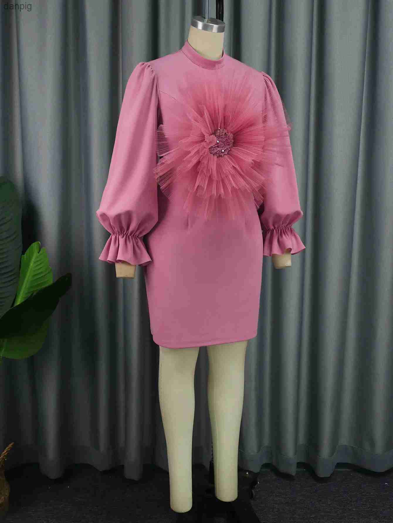 Urban Sexy Dresses Womens mini dress large rose high neck long Sve Bodycon cocktail skirt party wedding dress club attire plus size Y240402