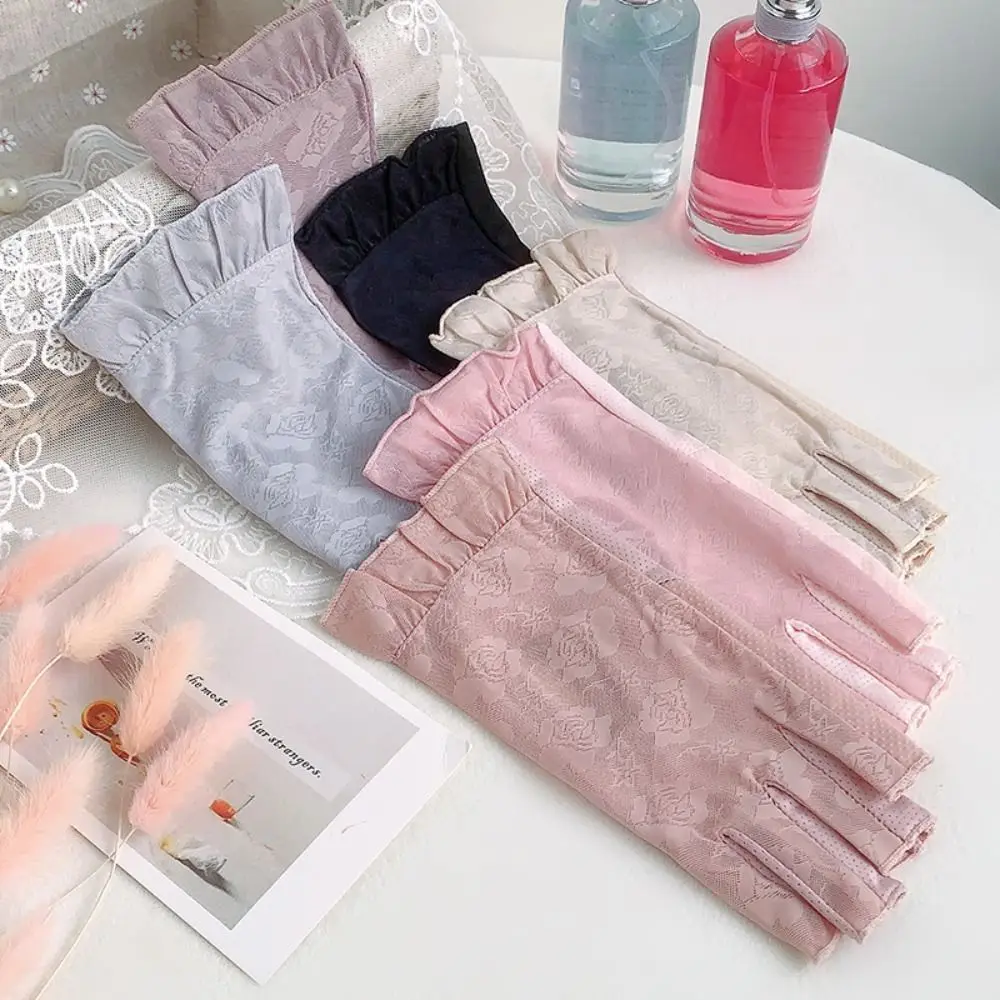 Women Summer Sunscreen Lace Flowers Driving Cycling Breathable Half Finger Gloves Thin Mesh Ice Screen Anti Slip Mittens 5
