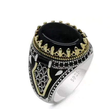 New Retro Turkish Handmade Silver Color Men Rings Vintage Carved Eagle Pattern Black Zircon Stone Rings 2022 Punk Muslim Jewelry