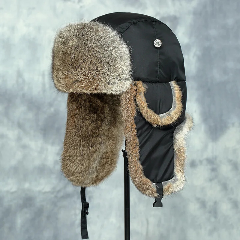 Mens unisex warm hunting device pilot cavalry earmuffs winter warm flap ski hat bomber hat 100% natural real rabbit fur hat 241031