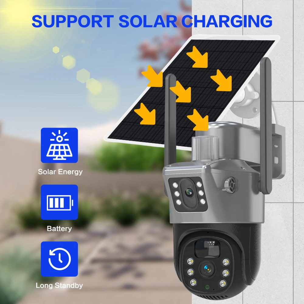 V380 Pro 4K 8MP 4G Dual Lens PTZ Solar Camera Black Dual Screens PIR Human Tracking Outdoor Security CCTV Surveillance IP Camera