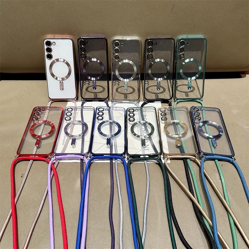 Crossbody Lanyard Magnetic Clear Case Samsung Galaxy S24 S23 S22 S21 FE Ultra Plus For Magsafe Electroplated Soft TPU Cover