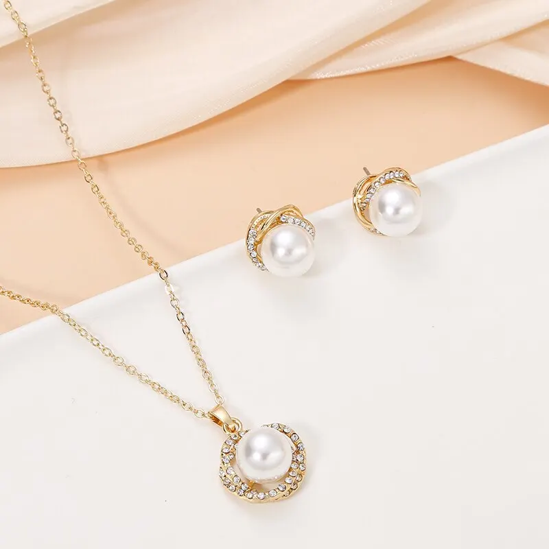 South Sea Shell Pearl Gold-Color Jewelry Sets for Women Cubic Zirconia Necklace Earrings With Party Birthday Wedding Gift