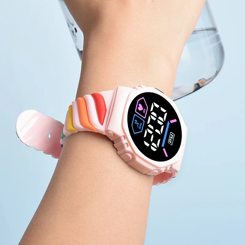 YIKAZE Child Kids Watch LED Electronic Watches for Boys Girls Rainbow Silicone Strap Waterproof Sports Mother Kids Digital Watch