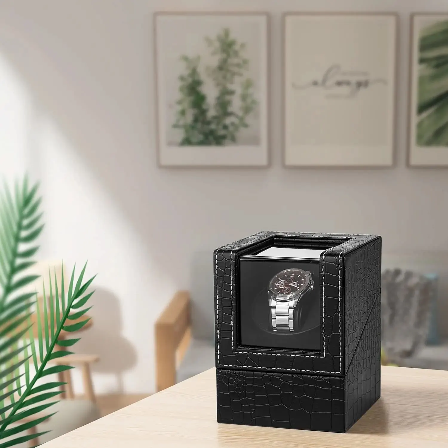 Automatic Single Watch Winder in Black Crocodile Pattern Leather with Japanese Quiet Motor AC Adapter Or Battery Powere