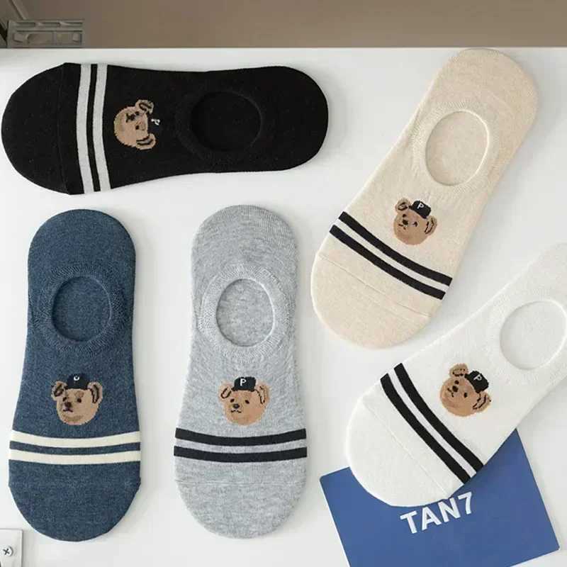 5 pair/batch fashion men boat non slip transparent silicone cotton ankle slippers Cartoon bear summer autumn LX241102