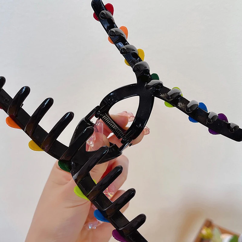 AWAYTR New Women Rainbow Love Large Hair Claw Clip Elegant Ponytail Hair Crab Shark Clip Girls Hairpin Clips Hair Accessories