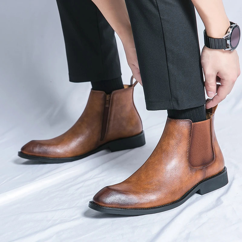 side zipper mens formal boots English high top leather ankle boots mens Chelsea boots casual dress shoes 241031