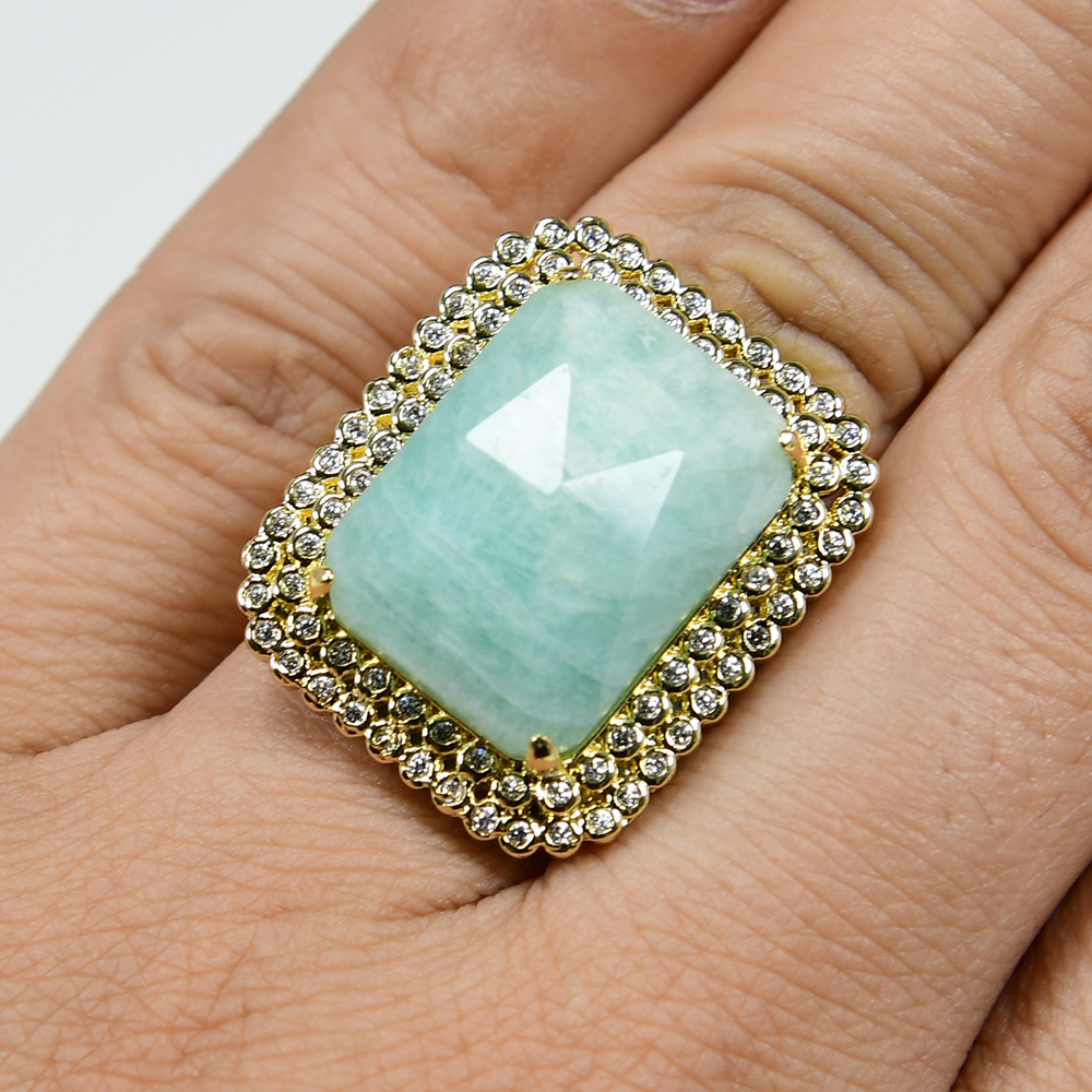 G-G Natural Amazonite Rectangle Cz Pave Ring Gold Plated Adjustable Ring