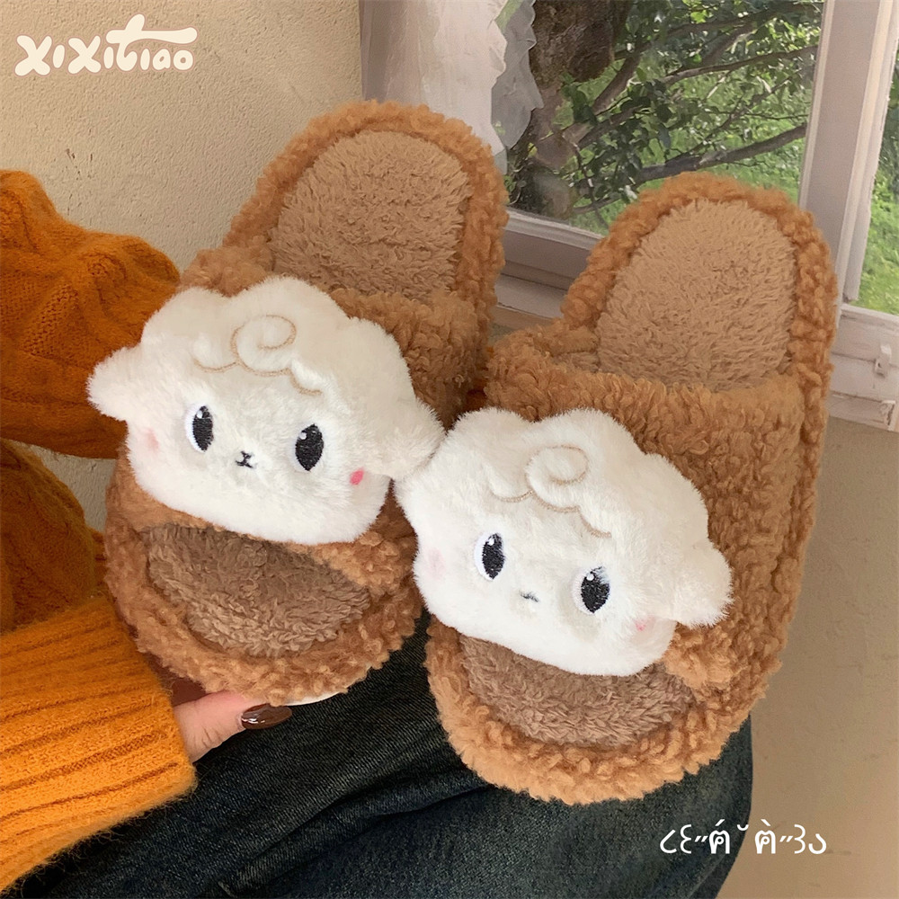 Fashion Love Little Sheep Winter Toe Pack Warm cotton slippers Soft sole Slipper women's indoor floor flat house non-slip shoes