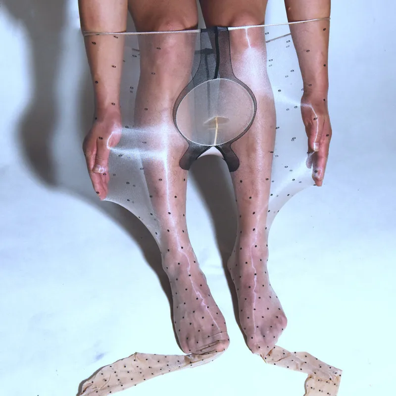 Sexy Men Sissy Stockings Polka Dot Glossy High Elastic Pantyhose Sheer Shiny Penis Sheath Open Crotch Cock Pouch Pantyhose