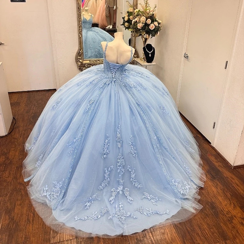 Sky Blue Ball Gown Quinceanera Dresses Appliques Lace Beads Tull Birthday Party Mexican Vestidos De 15 anos Sweet 16 Dress