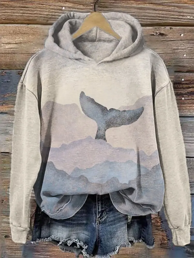 Women's Hoodies Sweater Retro Whale Graphic 3d Print Sweatshirts Autumn Winter O Collar Long Sleeve Top Female Loose Pullover