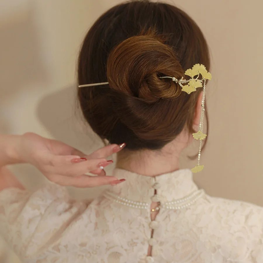 Tassel Ginkgo Leaf Hair Stick Chinese Hanfu Hair Accessoreis Fairy Insert Hairpin Chopstick Antique Girls Hair Bun Jewelry Tiara