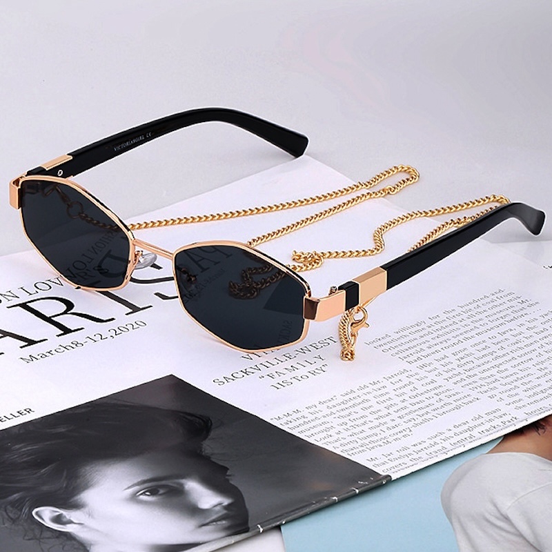 Sexy Sunglasses Women With Chain Small Frame Hexagon Luxury Brand Designer Punk Sun Glasses For Ladies Shades Fashion Square Vintage Cat Eye Oval Meta