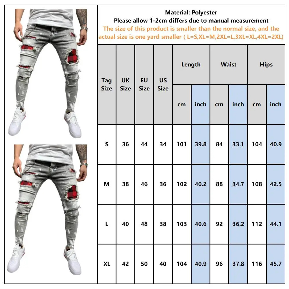 Mens Vintage Streetwear Paneled Ripped Casual Denim Pants European and American Zipper Skinny Jeans 240319
