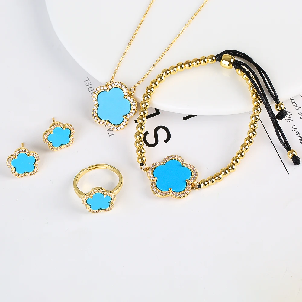 2023 Hot Selling Jewelry Set Natural White Shell Stone Plant Five-leaf Flower Pendant Necklace Earring Ring Jewelry Set