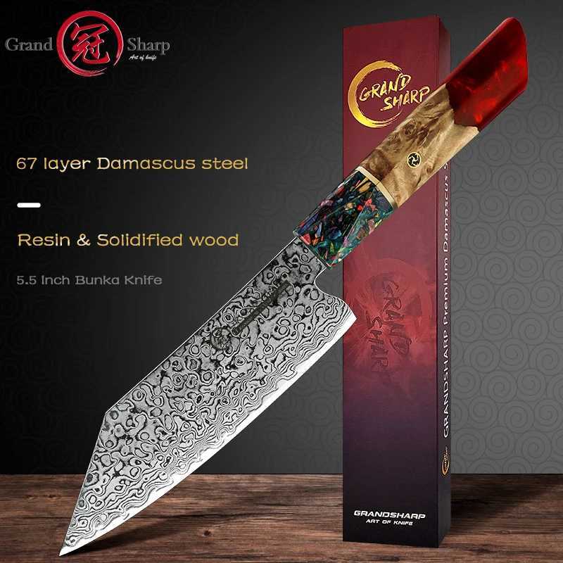 Grandsharp 5.5 inch Japanese Bunka Kitchen Knife 67 Layers Damascus Steel Chef Knives Fruit Meat Vegetables Cutter Cooking Tools X2501251
