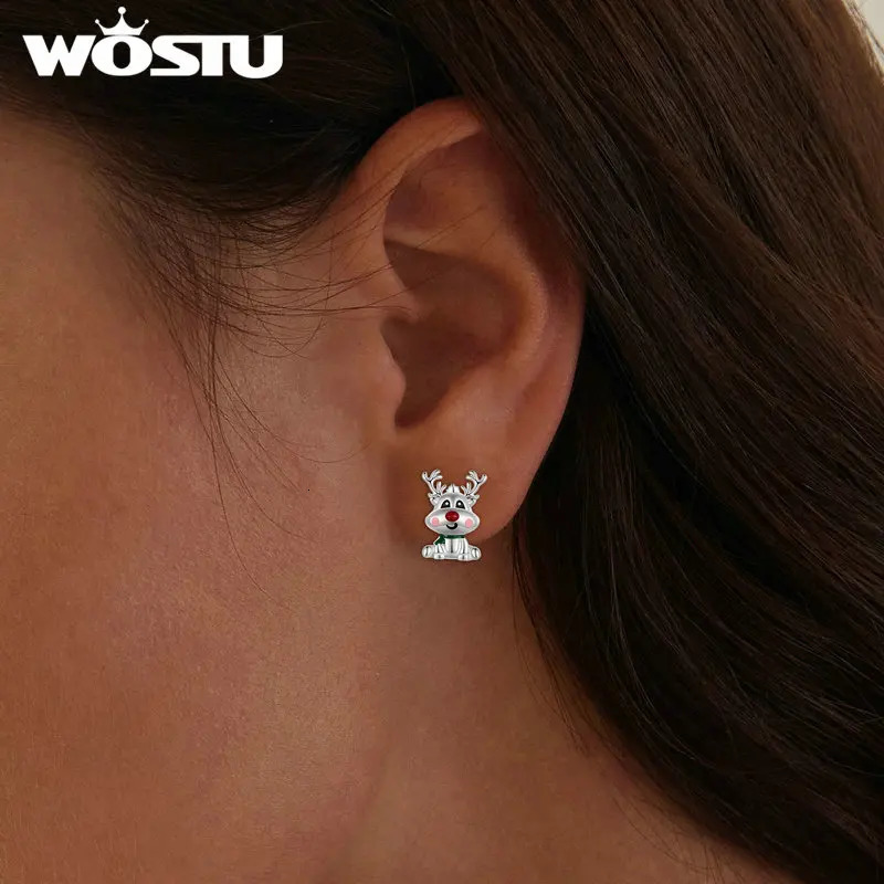 WOSTU 925 sterling silver lucky Christmas reindeer stud earrings cute animal earrings womens jewelry party birthday gift 241031