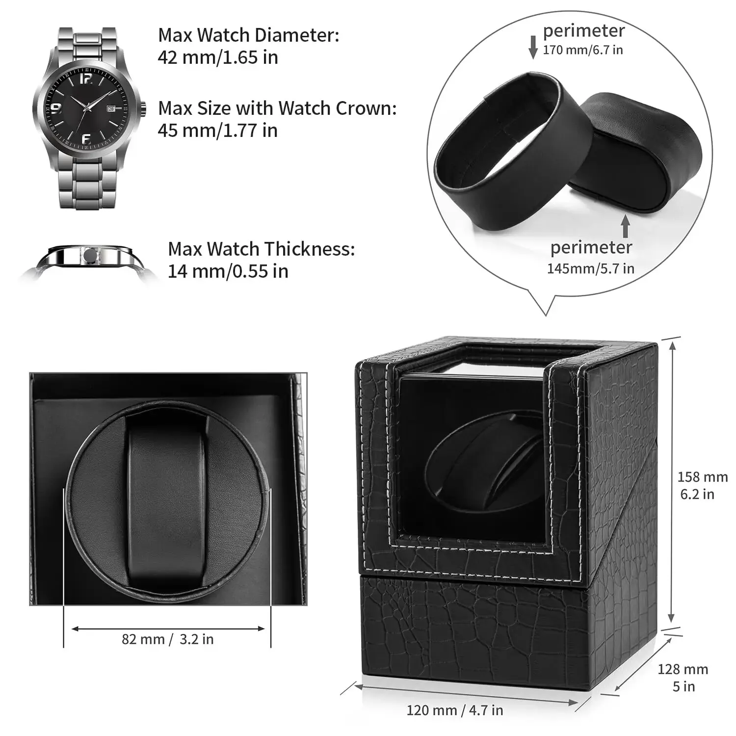 Automatic Single Watch Winder in Black Crocodile Pattern Leather with Japanese Quiet Motor AC Adapter Or Battery Powere