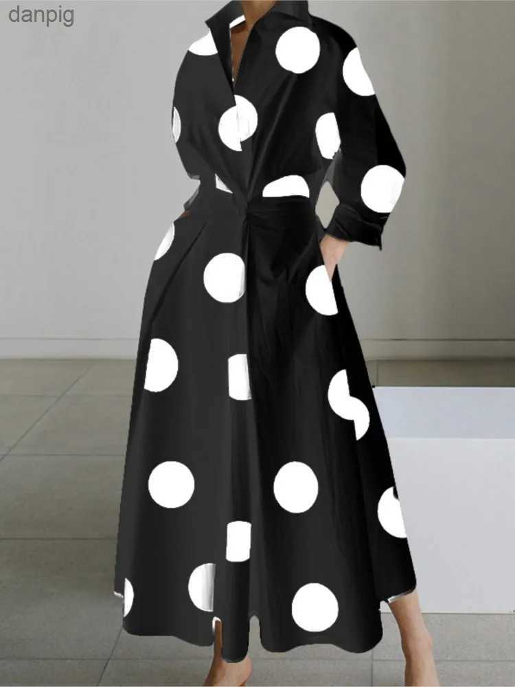 Urban Sexy Dresses Autumn Dress Long Slave Dot Printed Elegant Womens Long Dress 2023 White Casual V-neck Shirt Party Long Dress Robe Womens Y240402