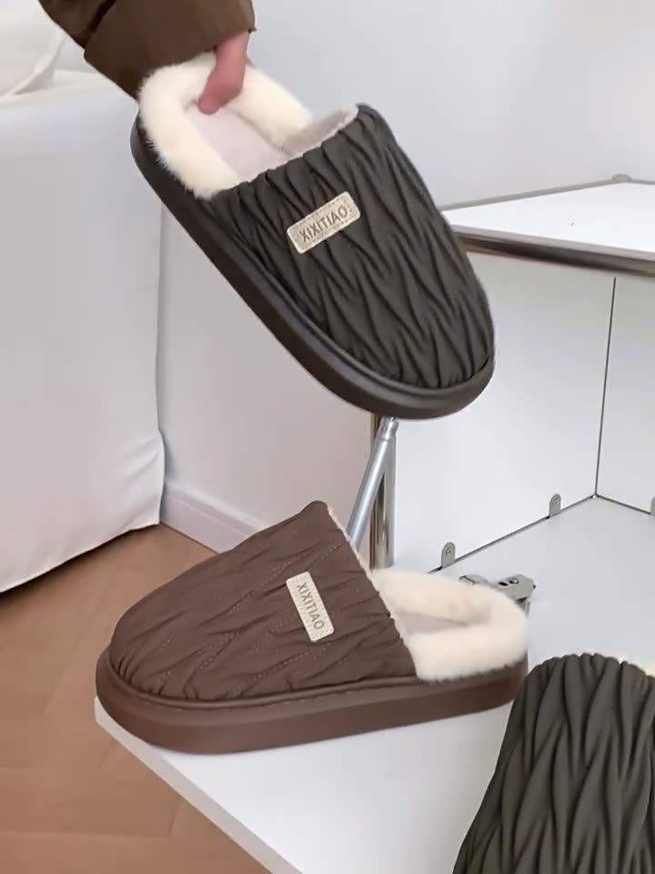 Men's winter toe pack Warm cotton slippers Fashion pleated soft sole slip men's indoor floor flat home non-slip shoes