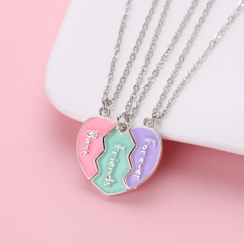 Luluo&baby 3Pcs/Set Cute 3-color Heart Broken Stitching Magnetic Best Friend Necklace for Girls Kids BFF Friendship Jewelry Gift