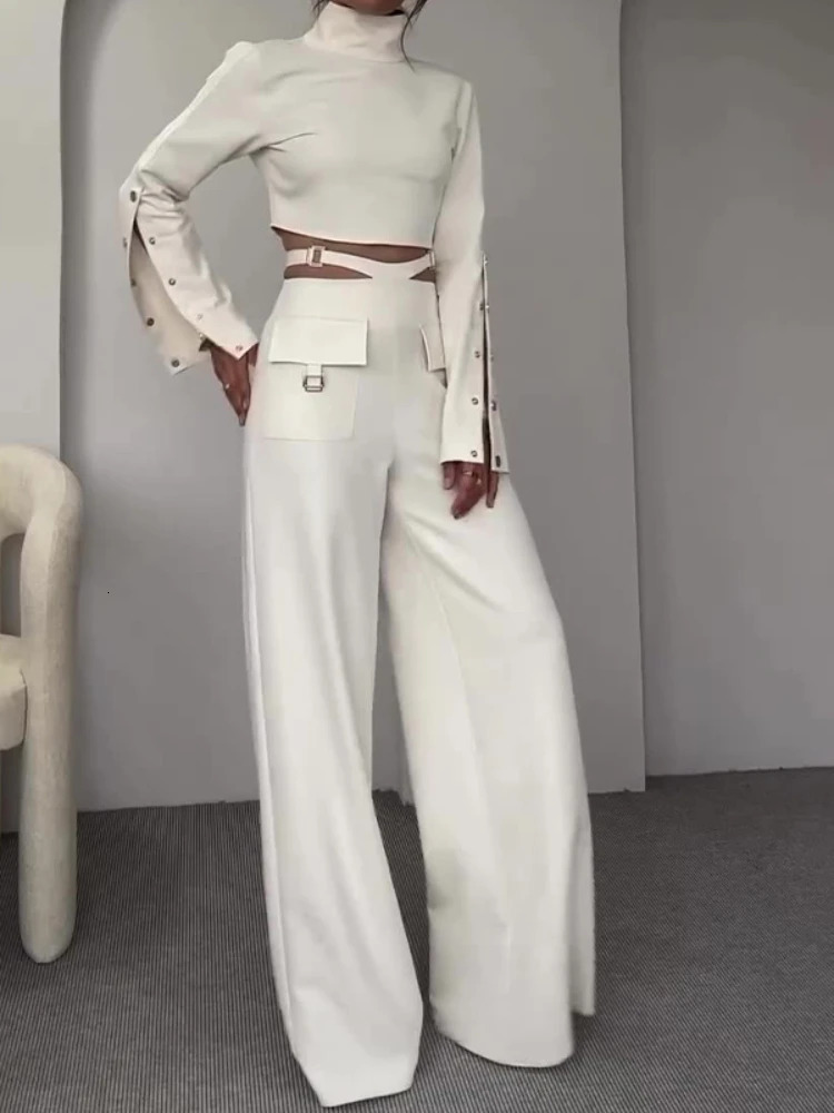 Womens pants set solid two-piece turtle neck full sleeved top sexy wide leg pants loose casual patchwork 241031