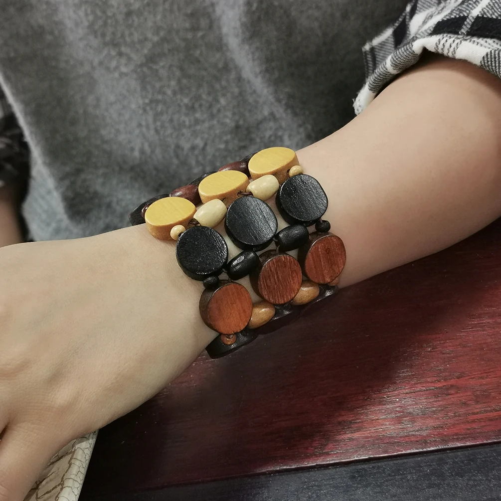 MANILAI Bohemian Multi Layers Wood Beads Cuff Bracelet Women Handmade Elastic String Bracelets & Bangles Vintage Ethnic Jewelry